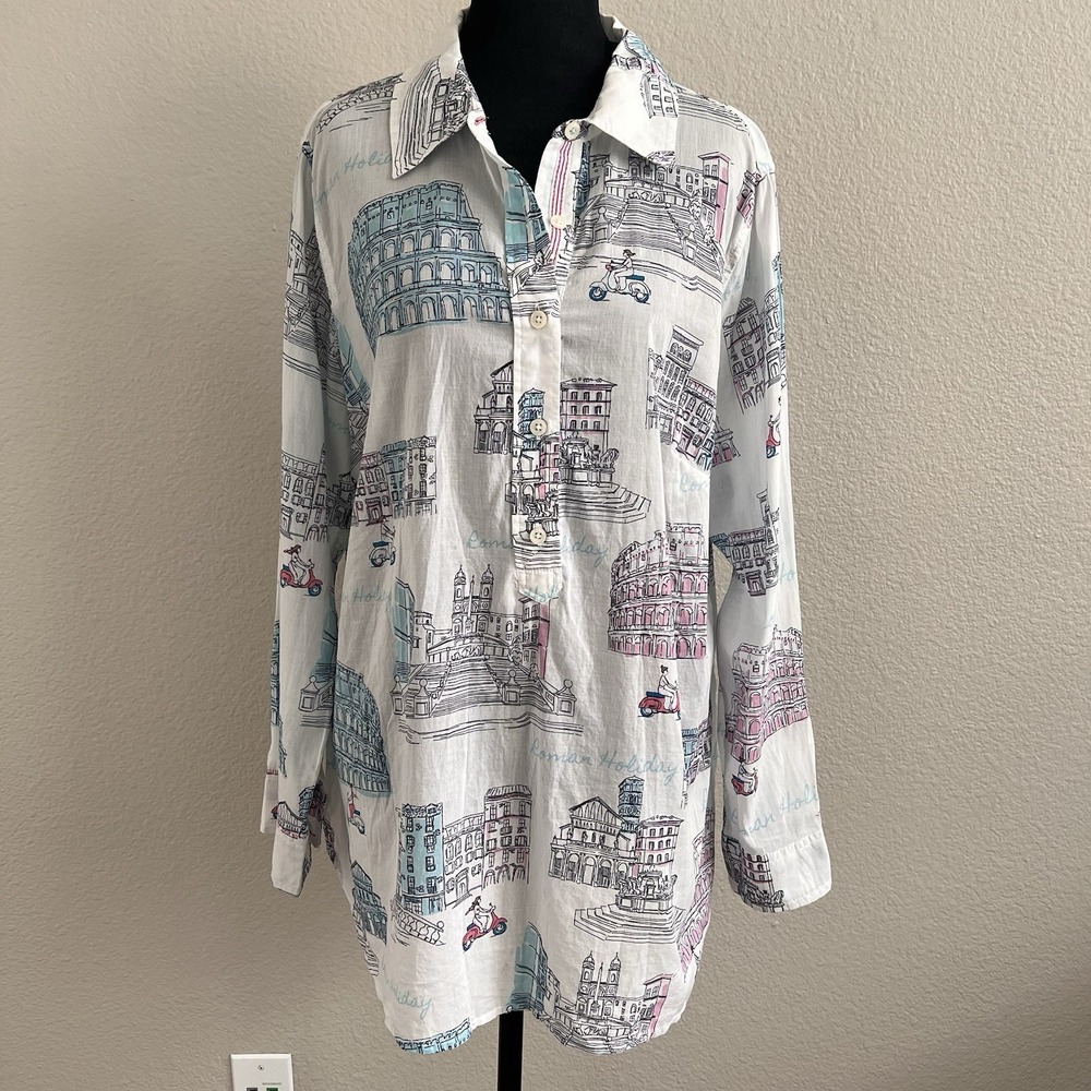 Talbots Plus X Women's XL Top Blouse Henley Side Buttons Roman Holiday Parisian
